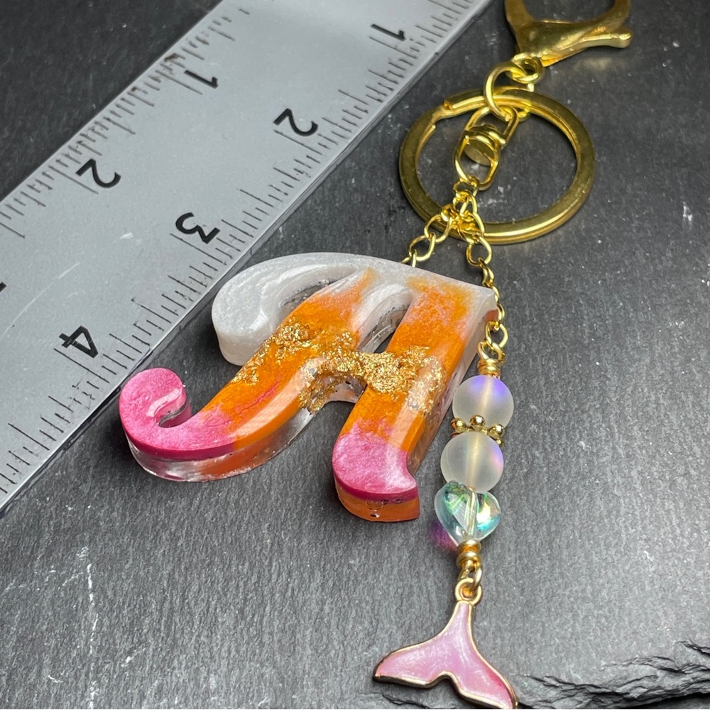 Custom Orange, Pink and Cream Letter “A” Keychain with Gold Accents - Picture 11 of 12